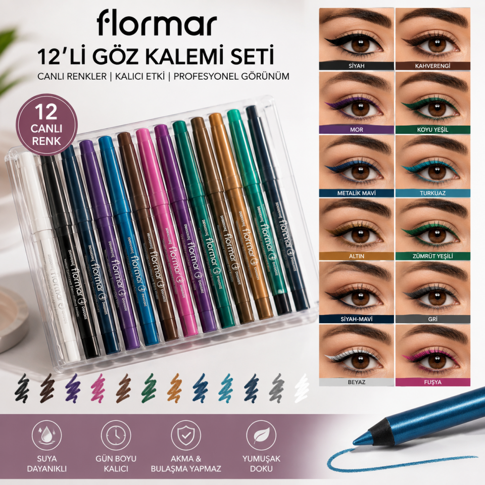 Flormar 12'li Suya Dayanıklı Göz Kalemi Seti | Renkli Waterproof Eyeliner Kalemleri | Gün Boyu Kalıcı