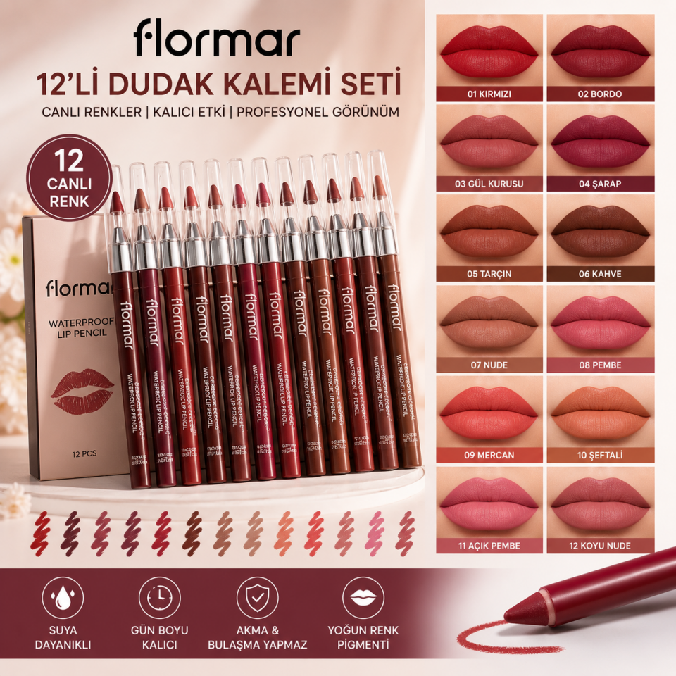 Flormar 12'li Dudak Kalemi Seti | Waterproof Mat Lip Liner | Uzun Süre Kalıcı ve Akmayan Lip Pencil