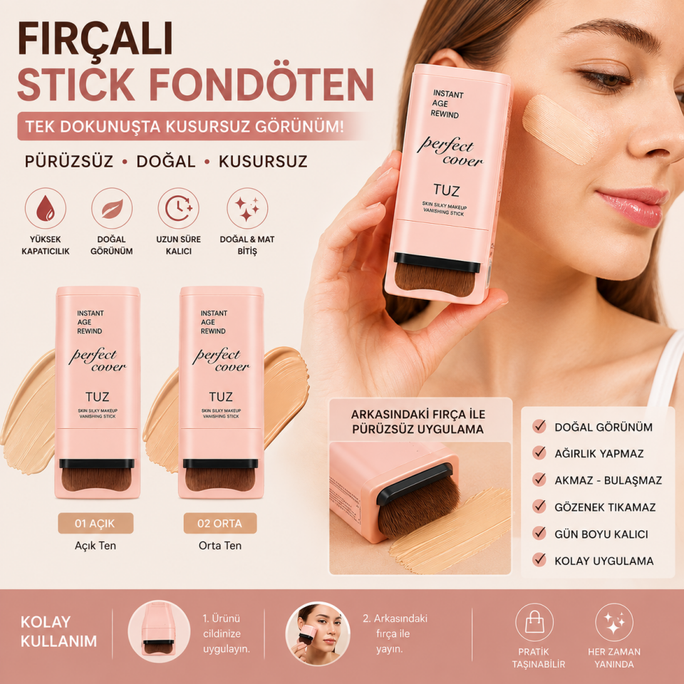 Arkası Fırçalı Stick Fondöten | Yüksek Kapatıcılıklı Krem Stick Foundation | Doğal Mat Bitiş | 2 Renk Seçeneği (01 Açık - 02 Orta)