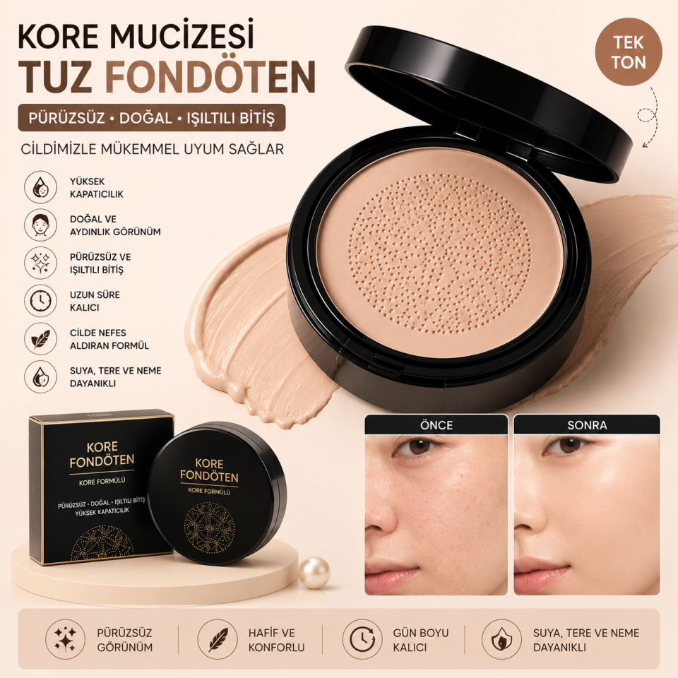 Kore Tuz Fondöten | Yüksek Kapatıcılı Mantar Başlıklı Cushion Fondöten | Doğal Işıltılı Bitiş | Suya Dayanıklı