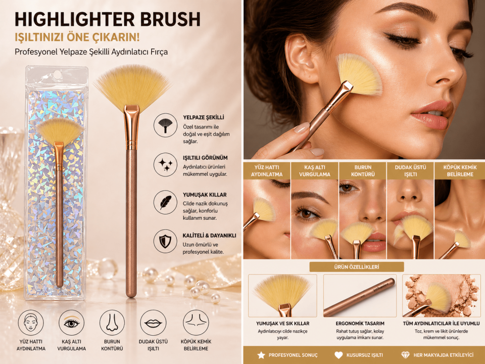 Profesyonel Yelpaze Aydınlatıcı Fırça – Yumuşak Kıllı Highlighter Brush (Doğal Işıltı & Kusursuz Dağıtım)