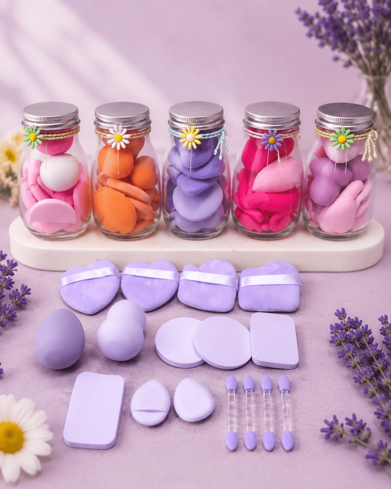 5’li Mini Makyaj Süngeri ve Pudra Pufu Seti – Kavanozlu Profesyonel Makeup Puff Seti