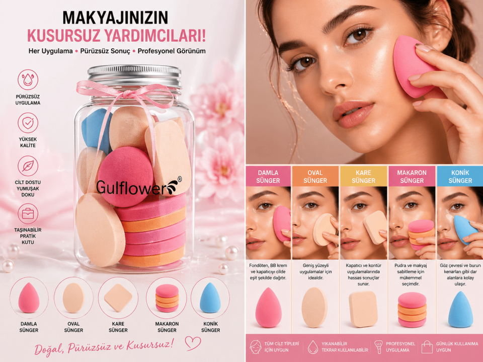 Profesyonel Makyaj Süngeri Seti – Çok Amaçlı Blender Sünger (Fondöten, Kapatıcı, Pudra Uyumlu)