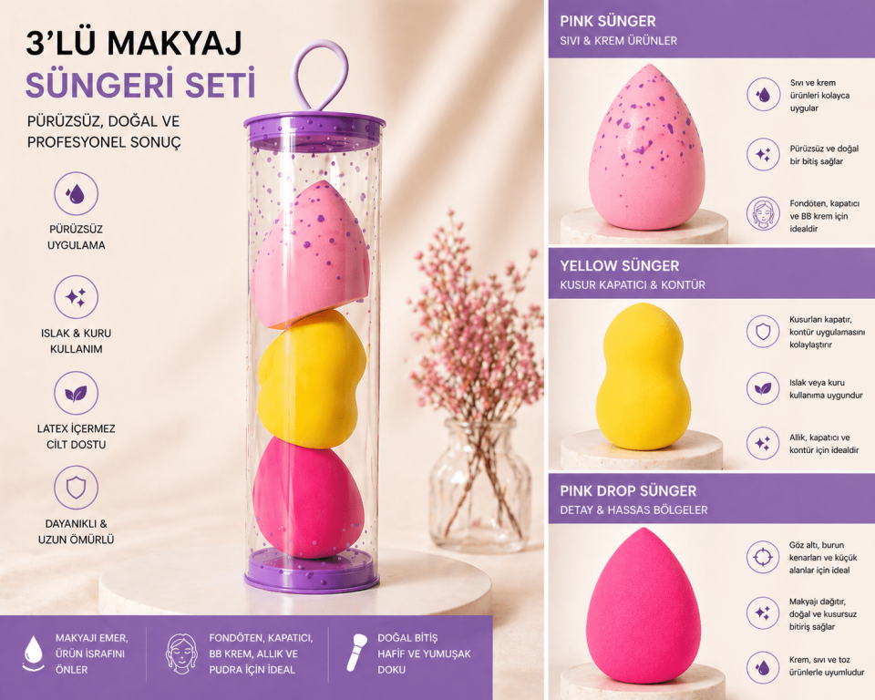 3’lü Makyaj Süngeri Seti – Fondöten & Kapatıcı Uyumlu, Islak/Kuru Kullanım, Yumuşak Blender Set