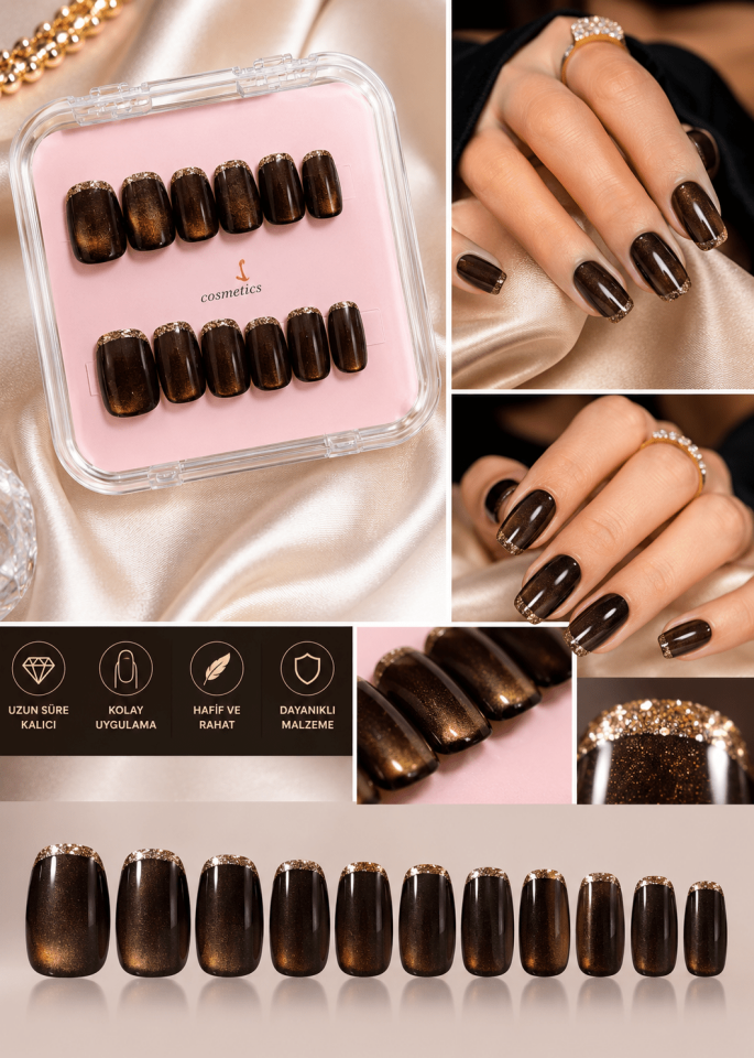 Kahve Cat Eye Gold French Takma Tırnak Seti – Espresso Kahve Işıltılı Premium Press On Nail | Metalik Jel Görünümlü Şık Takma Tırnak