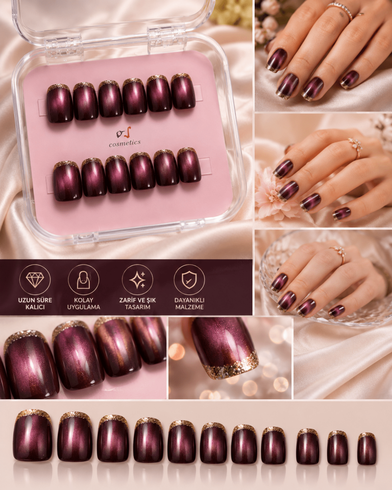 Mürdüm Mor Cat Eye Gold French Takma Tırnak Seti – Işıltılı Erik Tonlu Premium Press On Nail | Metalik Parlak Jel Görünümlü Takma Tırnak