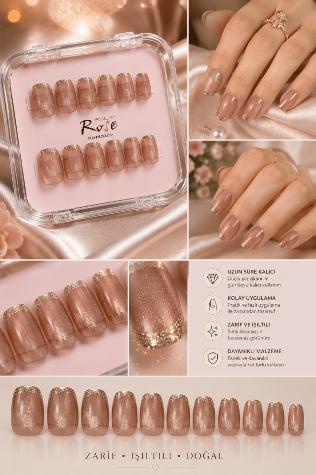 Rose Gold Simli Nude Takma Tırnak Seti – Şeffaf Işıltılı Gold French Press On Nail | Doğal Jel Görünümlü Premium Takma Tırnak