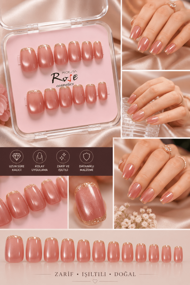 Pudra Pembe Sedefli Gold French Takma Tırnak Seti – Doğal Görünümlü Parlak Jel Efektli Premium Press On Nail