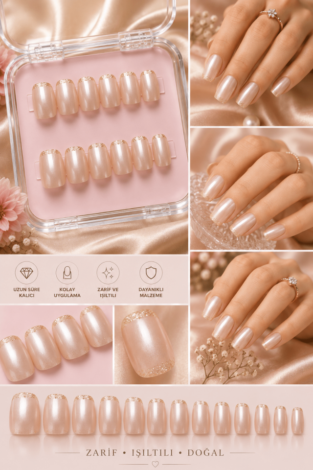 Şampanya Nude Sedefli Gold French Takma Tırnak Seti – Doğal Görünümlü Parlak Jel Efektli Premium Press On Nail Protez Tırnak