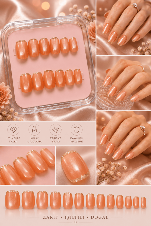 Şeftali Nude Gold French Takma Tırnak Seti – Parlak Jel Görünümlü Premium Press On Nail