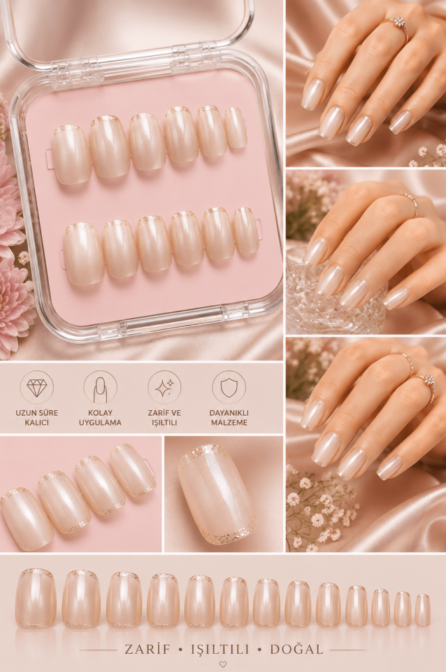 İnci Beyaz Gold French Takma Tırnak Seti – Doğal Görünümlü Premium Press On Nail