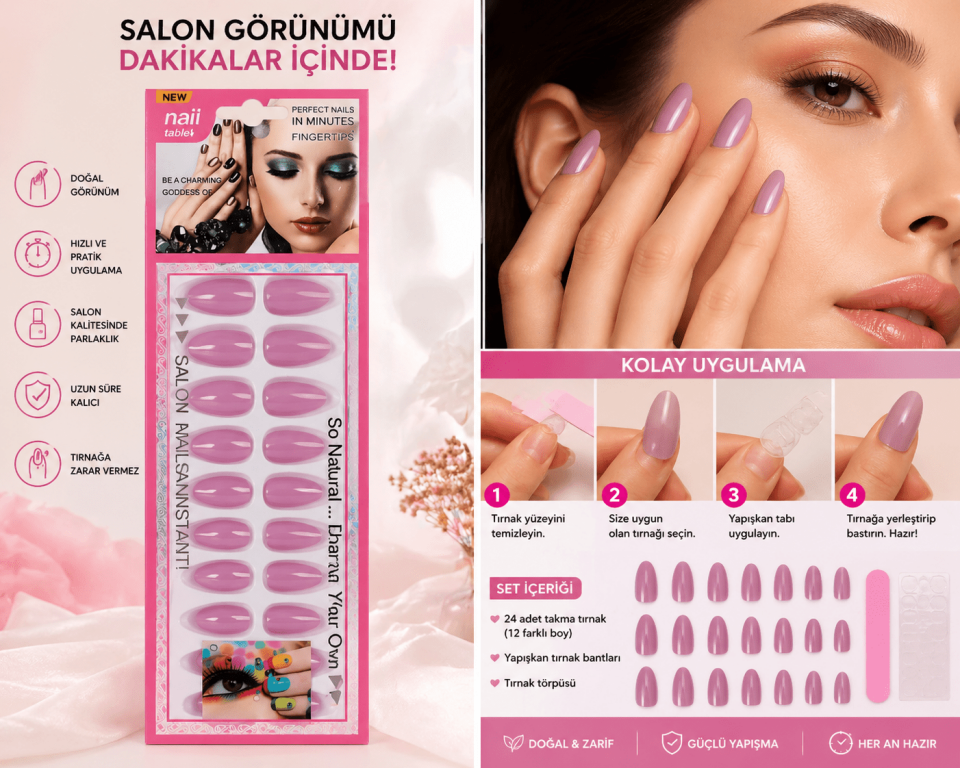 Takma Tırnak Seti – Doğal Görünümlü Salon Tipi Yapay Tırnak (Kolay Uygulama, Uzun Süre Kalıcı)