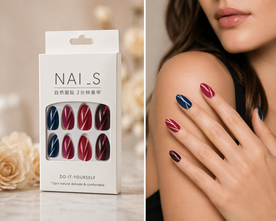 Desenli Takma Tırnak Seti – Parlak Renk Geçişli Nail Art Koleksiyonu (12 Parça)