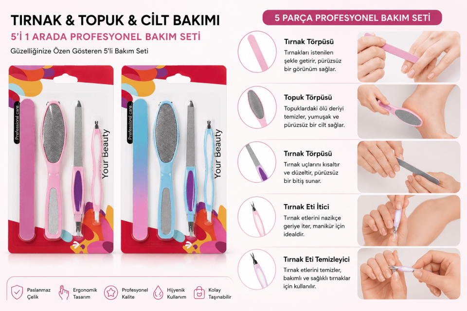 5’li Profesyonel Manikür Pedikür ve Topuk Bakım Seti – Tırnak & Cilt Bakım Kiti