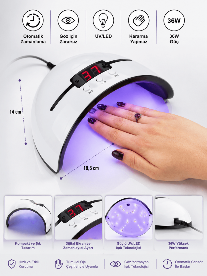 36W UV/LED Jel Oje Kurutucu Tırnak Lambası – Dijital Ekranlı Otomatik Sensörlü Nail Dryer