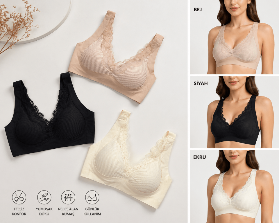 Bej, Siyah ve Ekru 3'lü Dikişsiz Dantelli Telsiz Toparlayıcı Bralet