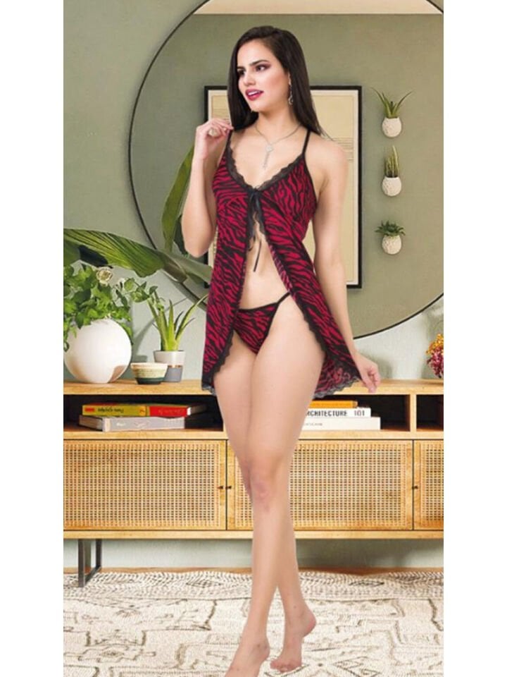 Red Passion Zebra Desenli Gecelik & İç Giyim Takımı