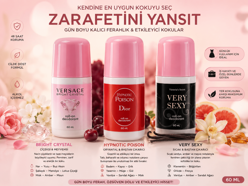 3 Adet Premium Kadın Roll-On Deodorant 60 ML – Gün Boyu Ferahlık
