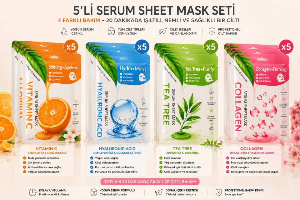 20’li Serum Sheet Mask Seti – Vitamin C, Hyaluronic Acid, Tea Tree & Collagen Yüz Maskesi Paketi