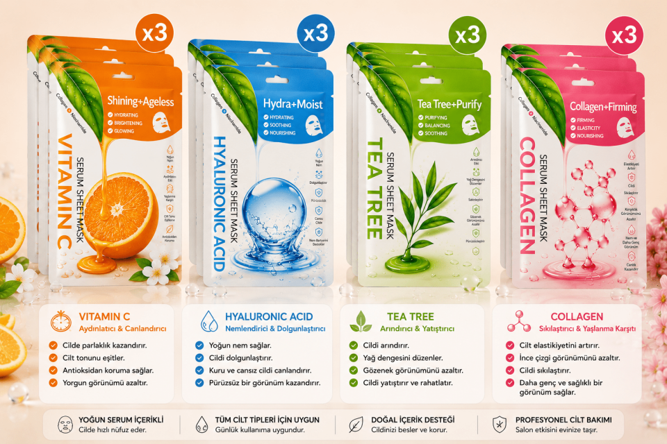 12’li Serum Sheet Mask Seti – x3 Vitamin C, Hyaluronic Acid, Tea Tree & Collagen Yüz Maskesi