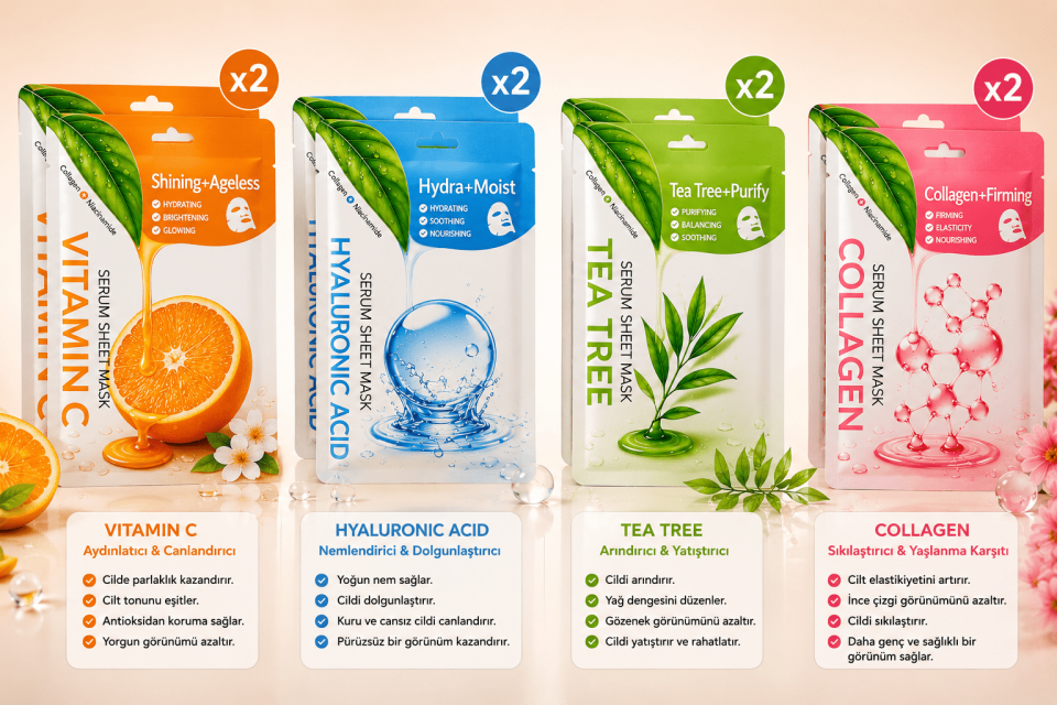 8’li Serum Sheet Mask Seti – x2 Vitamin C, Hyaluronic Acid, Tea Tree & Collagen Yüz Maskesi Paketi