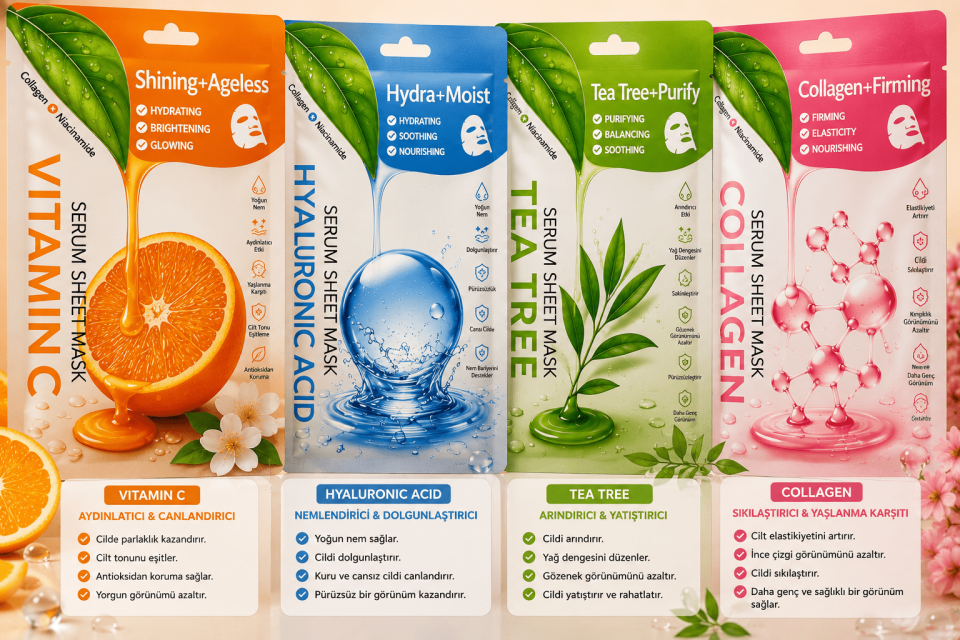4’lü Serum Sheet Mask Seti – Vitamin C, Hyaluronic Acid, Tea Tree & Collagen Yüz Maskesi