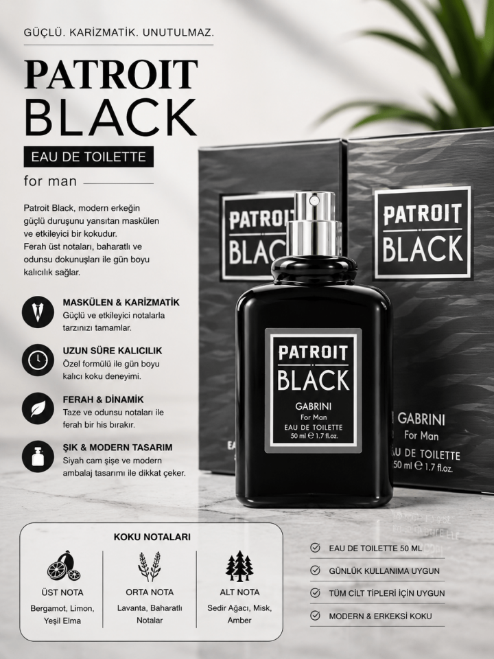 Patroit Black Erkek Parfümü 50 ML – Maskülen & Kalıcı Eau De Toilette