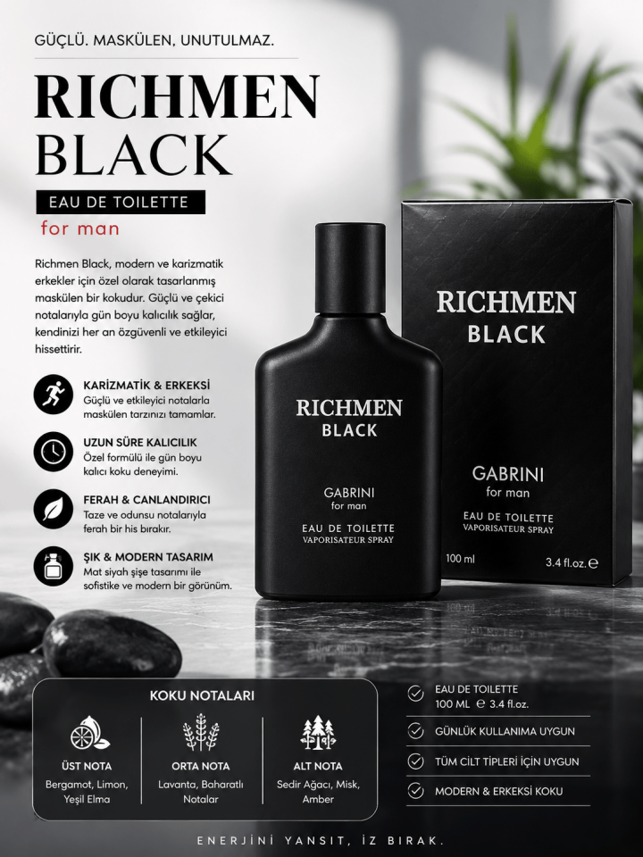 Richmen Black Erkek Parfümü 100 ML – Maskülen & Kalıcı Eau De Toilette