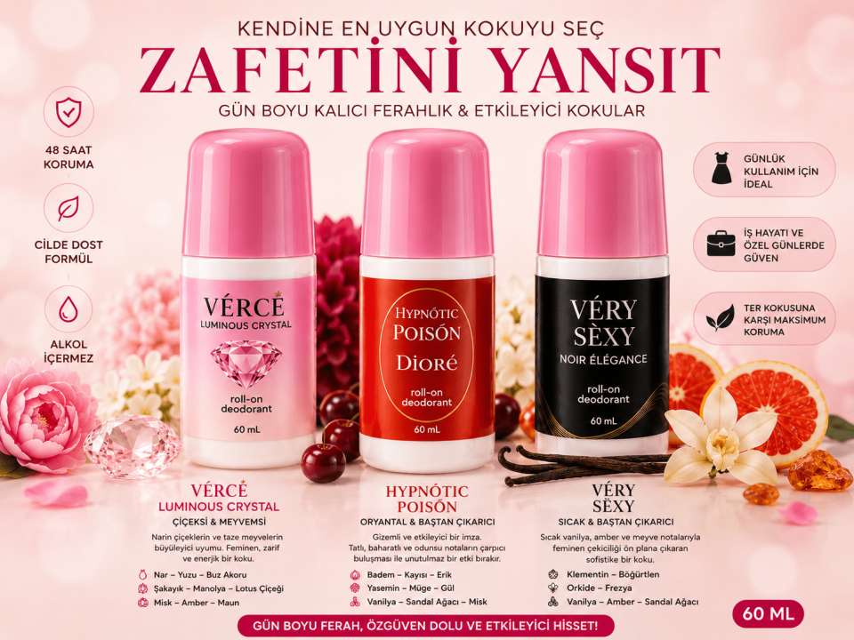 3’lü Kadın Roll On Deodorant Seti Çiçeksi Meyvemsi Oryantal Kalıcı Koku 60 ML
