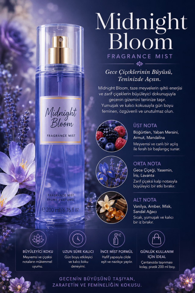 Midnight Bloom Fragrance Mist 200 ml – Meyvemsi, Çiçeksi ve Amber Notalı Kalıcı Kadın Vücut Spreyi