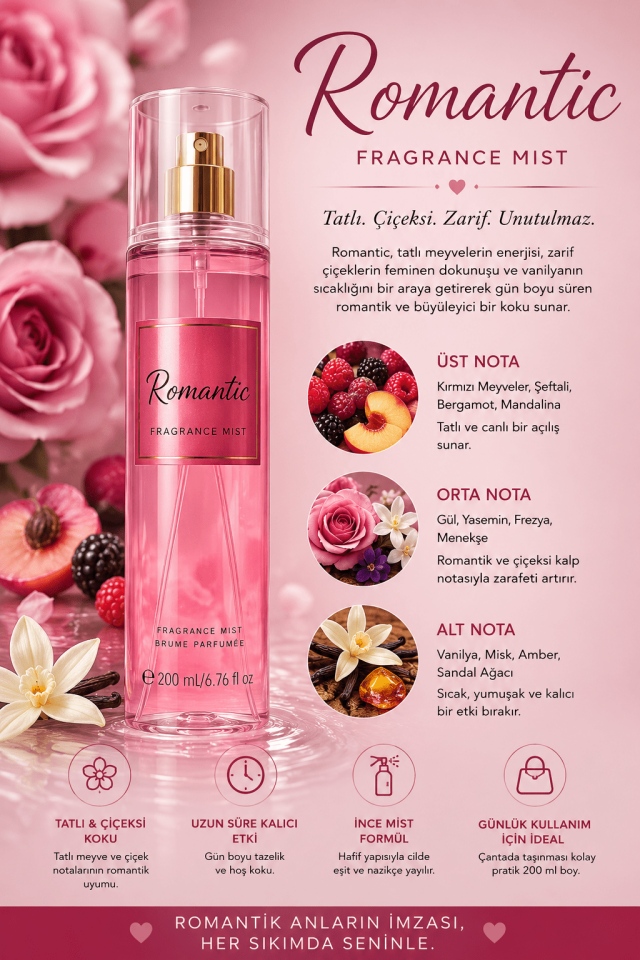 Romantic Fragrance Mist 200 ml – Çiçeksi, Meyvemsi ve Vanilya Notalı Kalıcı Kadın Vücut Spreyi