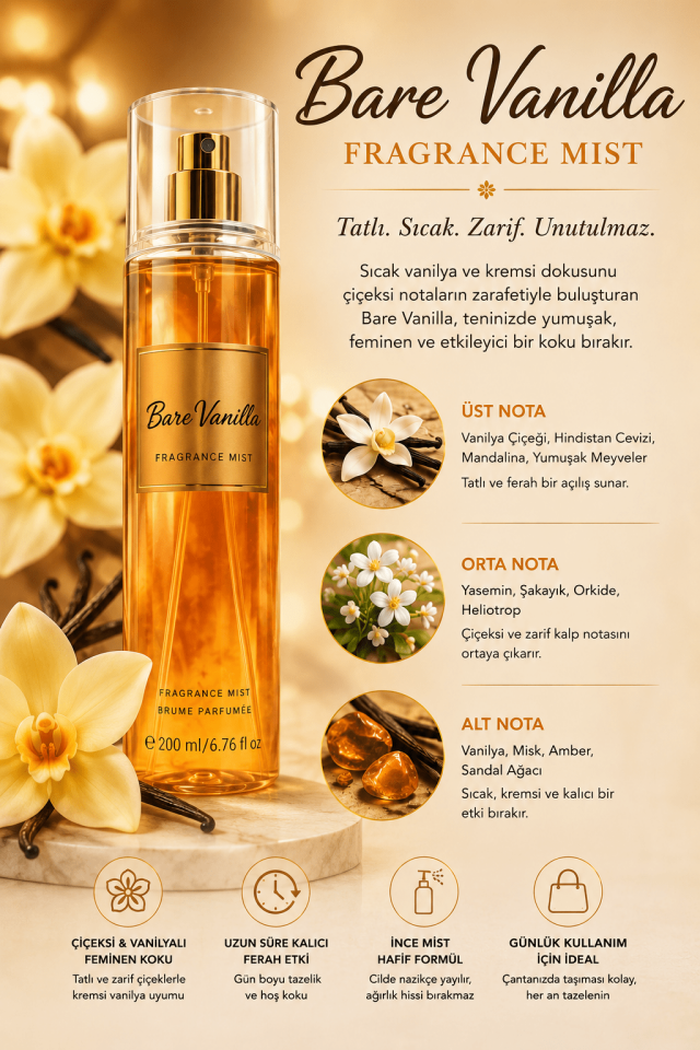 Bare Vanilla Fragrance Mist 200 ml – Sıcak Vanilya, Amber ve Çiçeksi Notalı Kalıcı Vücut Spreyi