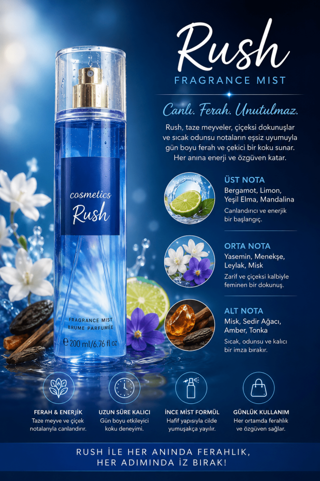 Rush Fragrance Mist 200 ML Kadın Vücut Spreyi – Ferah Meyveli, Çiçeksi ve Odunsu Kalıcı Body Mist