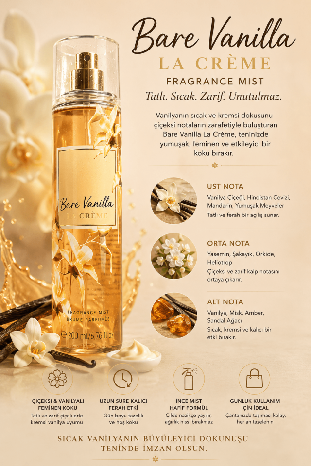 Bare Vanilla La Crème Vücut Spreyi 200 ML – Kremsi Vanilya, Amber ve Çiçeksi Notalı Kalıcı Kadın Body Mist
