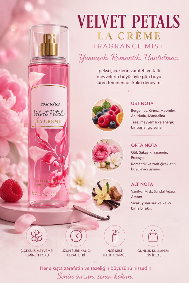 Velvet Petals La Crème Kadın Vücut Spreyi 200 ml – Çiçeksi Meyvemsi Vanilya Kokulu Kalıcı Fragrance Mist Body Mist