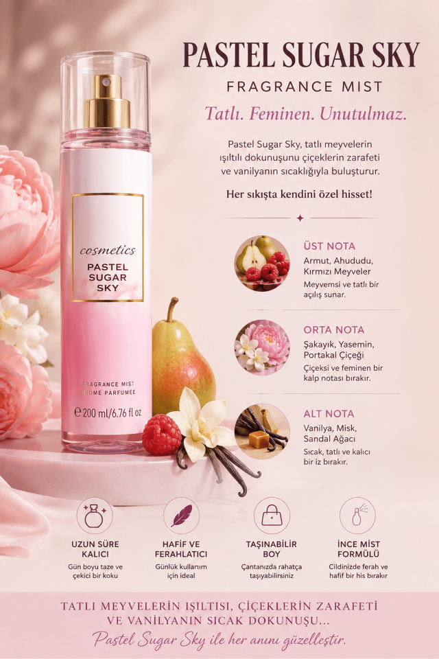 Pastel Sugar Sky Kadın Vücut Spreyi 200 ml – Meyvemsi Çiçeksi Vanilya Kokulu Kalıcı Fragrance Mist Body Mist
