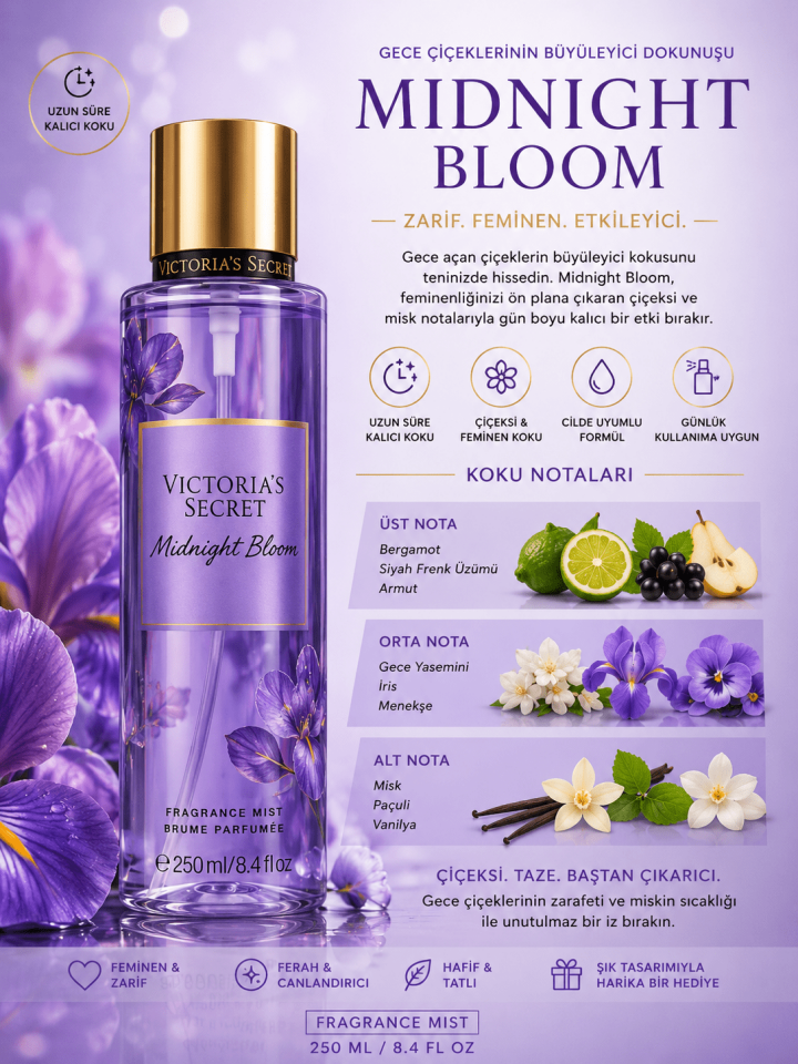 Midnight Bloom Kadın Body Mist 250 ML Çiçeksi Misk Kalıcı Vücut Spreyi Feminen Kadın Kokusu