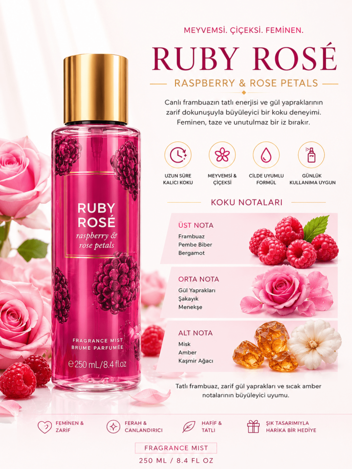 Ruby Rosé Kadın Body Mist 250 ML Meyvemsi Çiçeksi Kalıcı Vücut Spreyi Ahududu Gül Kokulu