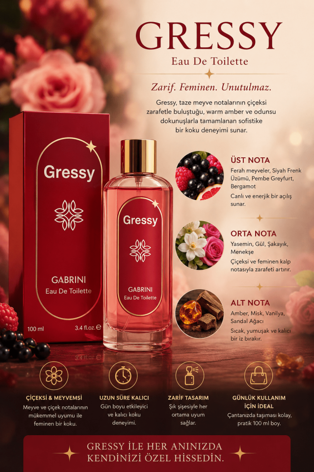 Gressy Eau De Toilette 100 ml – Meyvemsi, Çiçeksi ve Amber Notalı Kalıcı Kadın Parfümü
