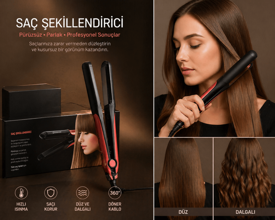 Profesyonel Saç Düzleştirici & Şekillendirici – Hızlı Isınan, Seramik Plaka, Düz ve Dalgalı Saç Yapma (360° Kablo, Uzun Süre Kalıcı Sonuç)