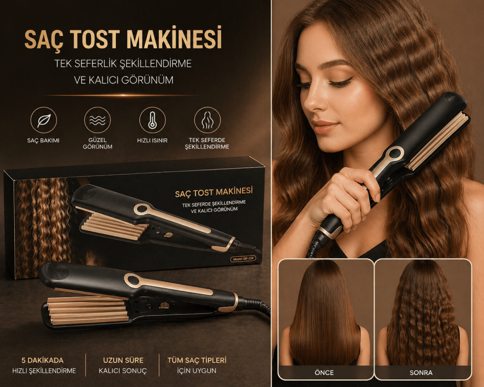 Profesyonel Saç Tost Makinesi – Waffle Dalga Saç Şekillendirici, Hızlı Isınan Seramik Plaka, Uzun Süre Kalıcı Dalga Etkisi