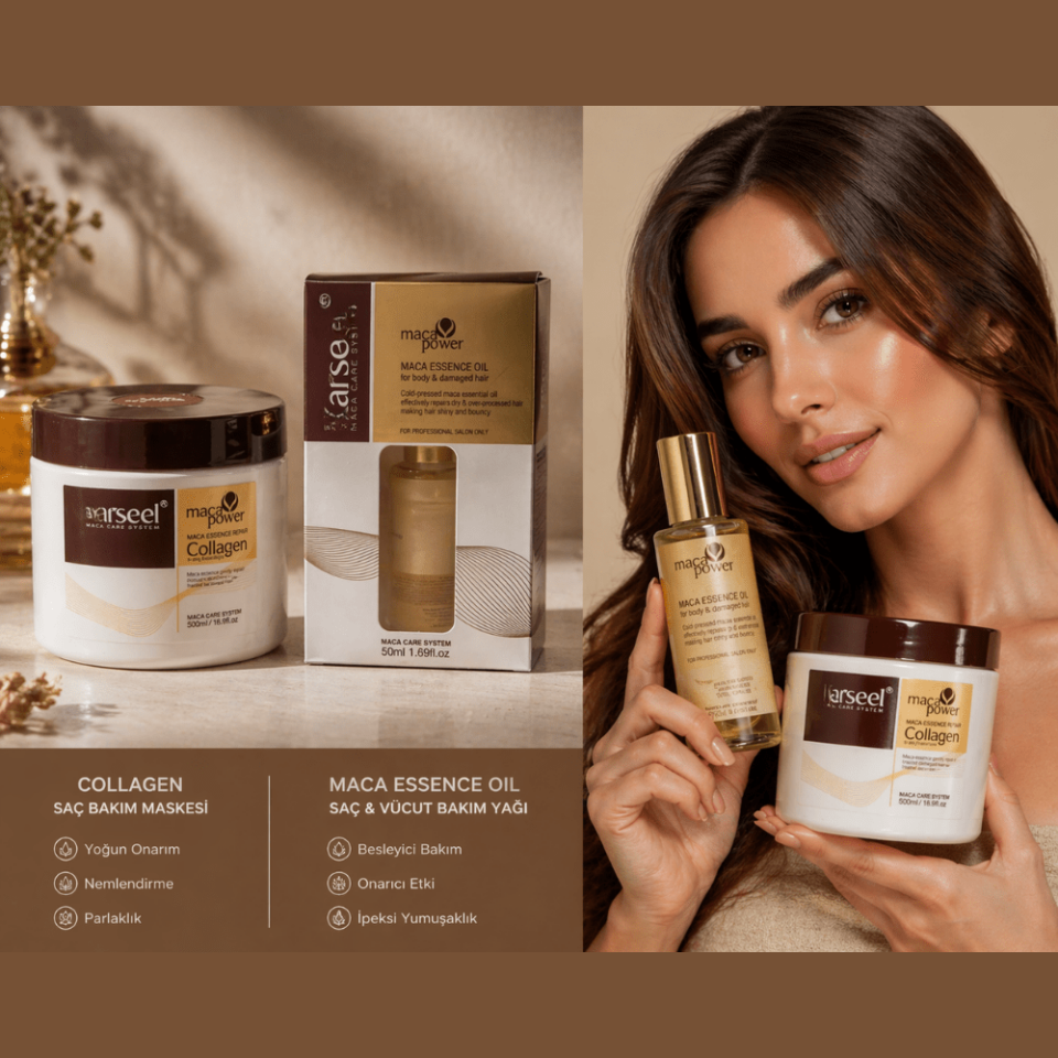 Maca Özlü Kolajen Saç Bakım Seti (500 ml Maske + 50 ml Onarıcı Yağ) – Yoğun Nem & Profesyonel Onarım