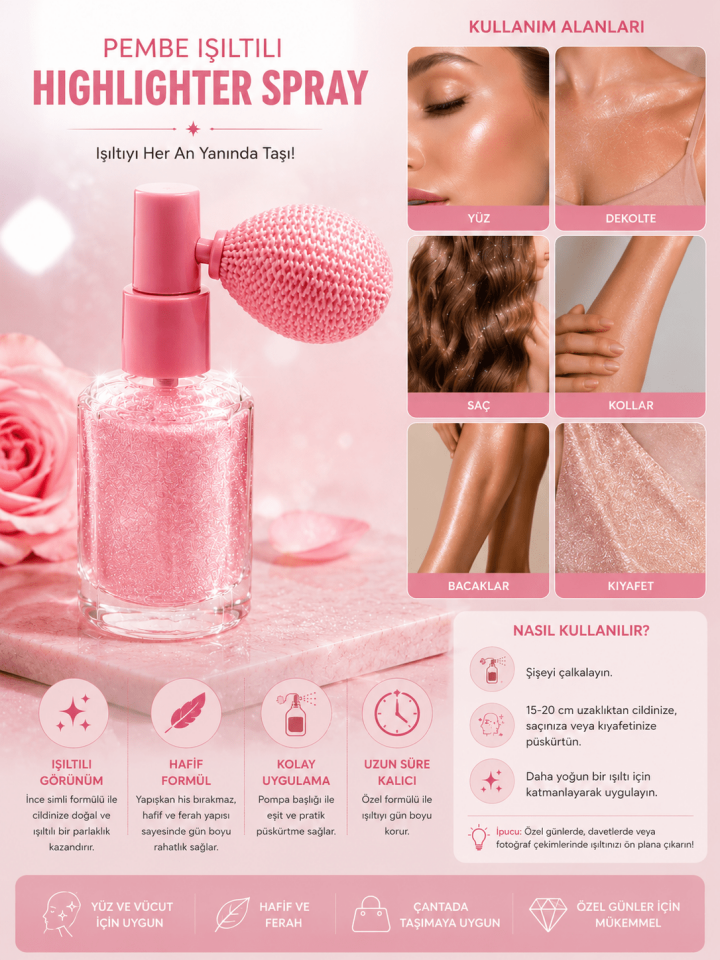 Pembe Simli Highlighter Spray – Yüz, Saç, Dekolte ve Vücut İçin Işıltılı Parlaklık Veren Shimmer Sprey