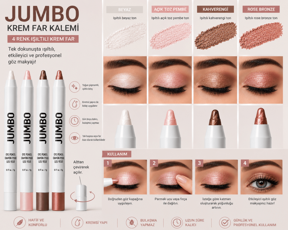 4’lü Jumbo Krem Far Kalemi Seti – Beyaz, Açık Toz Pembe, Kahverengi & Rose Bronze