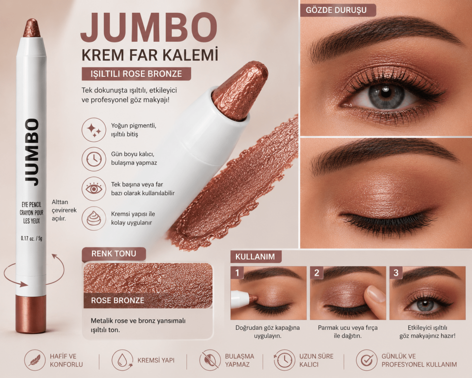 Jumbo Krem Far Kalemi – Işıltılı Rose Bronze Göz Farı Stick