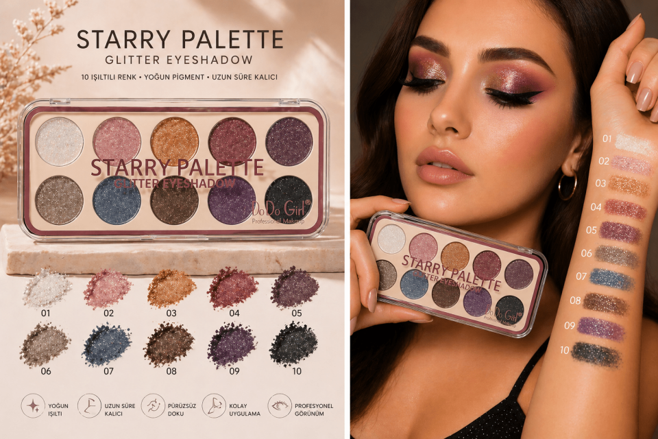 10 Renk Işıltılı Far Paleti – Doğal Parlak Bitişli, Pigmentli Glitter Göz Farı Seti