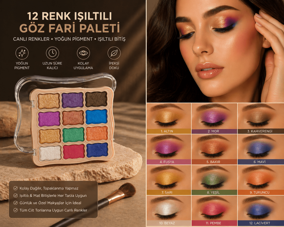 12 Renk Işıltılı & Mat Göz Farı Paleti – Yoğun Pigment, Uzun Süre Kalıcı, Profesyonel Makyaj Paleti