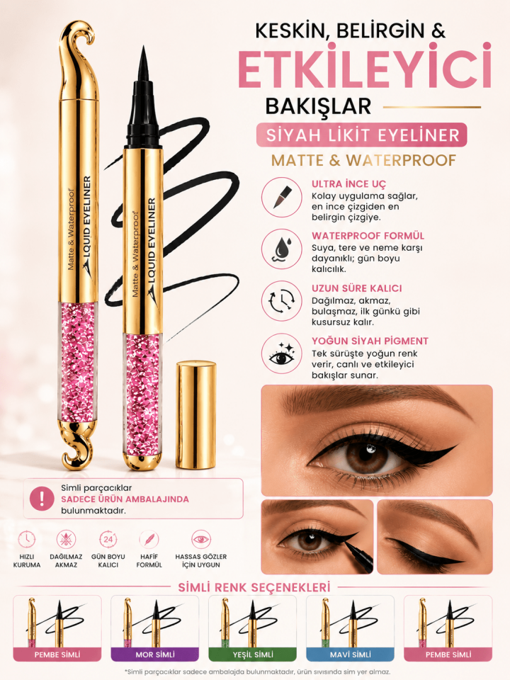 Siyah Likit Eyeliner Waterproof Mat Kalıcı İnce Uçlu Eyeliner Simli Ambalaj Tasarım