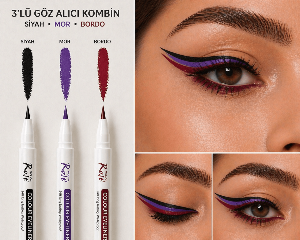 Renkli Eyeliner Seti (Siyah, Mor, Bordo) – Suya Dayanıklı Uzun Süre Kalıcı Likit Eyeliner
