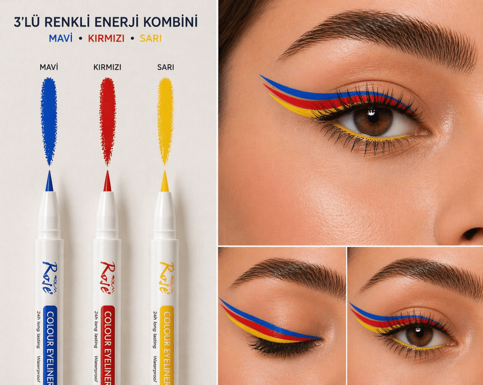 Renkli Eyeliner Seti (Mavi, Kırmızı, Sarı) – Suya Dayanıklı Uzun Süre Kalıcı Likit Eyeliner